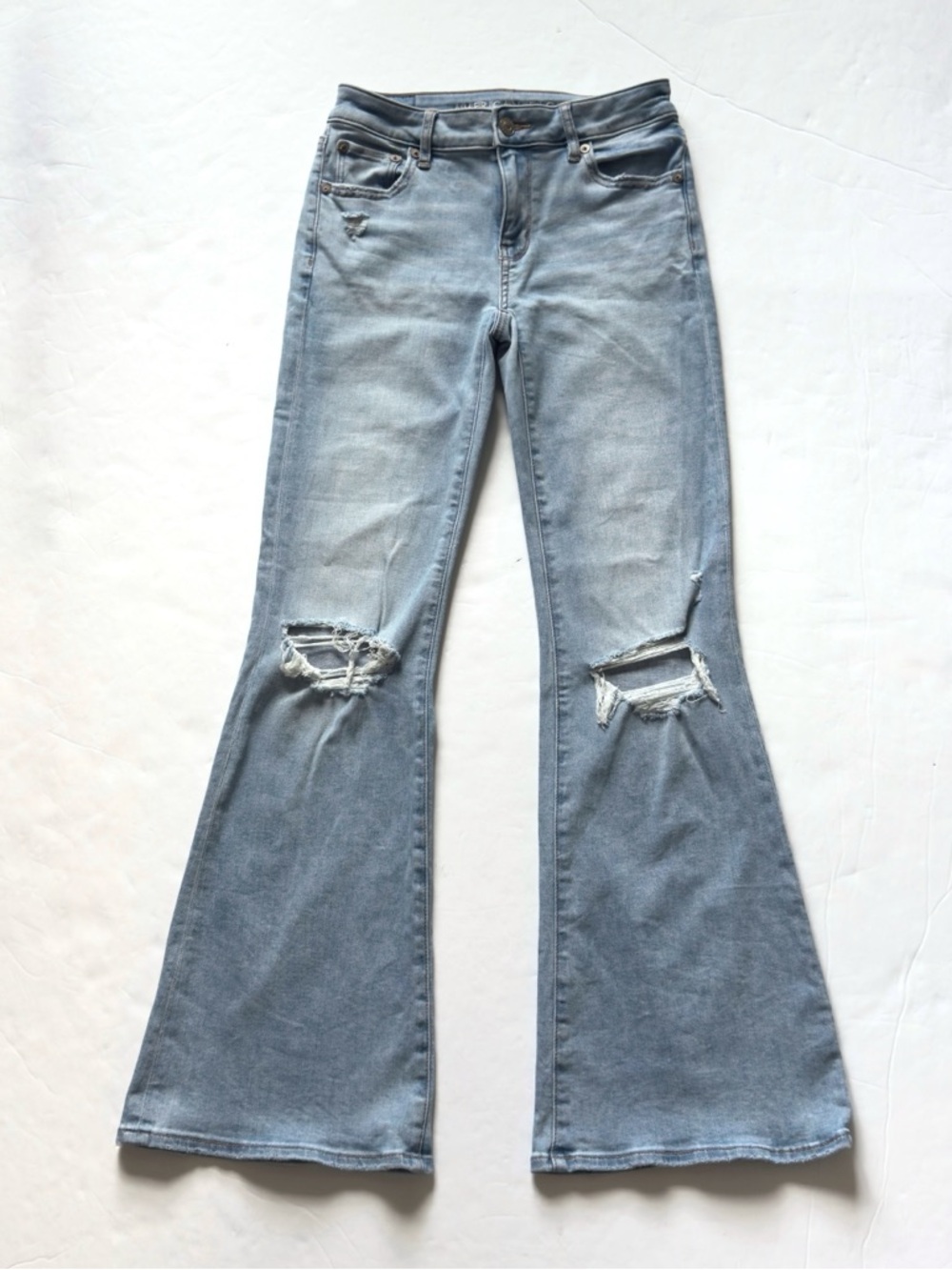 American Eagle Low Rise Flare Jeans Womens O Boho Light Wash Distressed Stretch